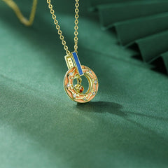 Two-sided Enamel with Red Zircon Hollow Circle Pendant Silver Necklace for Women