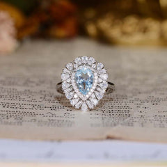 Luxury Halo Pear Drop Natural Blue Topaz Ring