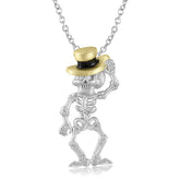 Halloween Skull Wearing Golden Top Hat Sandblasted Silver Necklace
