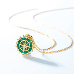 Navy Rudder Round Shape Malachite Zircon Sterling Silver Pendant