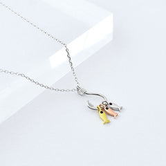 Fishhook with Small Fish Pendant Silver Necklace for Women