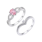 Two-in-one Pink Pear-drop Zircon Split Shank with V Shape Silver Ring Set