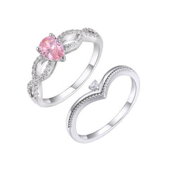 Two-in-one Pink Pear-drop Zircon Split Shank with V Shape Silver Ring Set