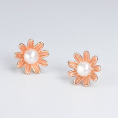 Freshwater Pearl Rose Gold Colour Flower Silver Stud Earrings for Women