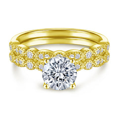 Four Prongs Round Zircon with Beading Silver Ring Set for Women