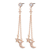 Fringed Zircon Star Moon Long Silver Drop Earrings for Women