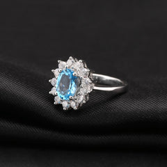 European Natural Topaz Luxury Oval Sun Shape Silver Ring
