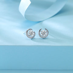Round Zircon Crescent Moon Sterling Silver Stud Earrings