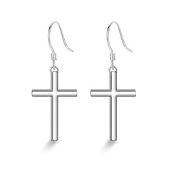 Polished Cross Pendant Silver Drop Earrings for Women