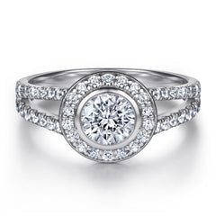 Round Zircon Soleste Halo Modern Split Shank Silver Ring