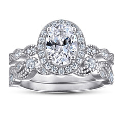 Oval Zircon Soleste Halo Retro Pattern Silver Ring Set for Women