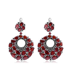 Natural Garnet Circle Silver Drop Earrings for Women
