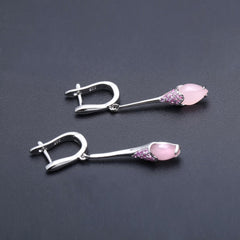 Italian Design Inlaid Pink Chalcedony Long Style Silver Drop Earrings for Women