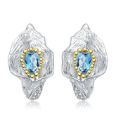 Italian Craft Vintage Desig Inlaid Natural Topaz Flower Silver Studs Earrings for Women