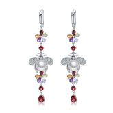 European Gemstones with Pearl Bee and Flower Design Silver Drop Earrings for Women