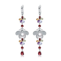 European Gemstones with Pearl Bee and Flower Design Silver Drop Earrings for Women