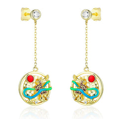 Coloured Deer Tassel Round Pendant Zircon Sterling Silver Drop Earrings