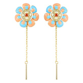 Coloured Flower Long Tassel Red Zircon Sterling Silver Drop Earrings