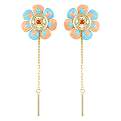 Coloured Flower Long Tassel Red Zircon Sterling Silver Drop Earrings