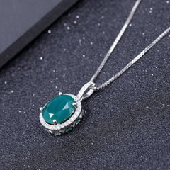 Europen Simple Fashion Style Inlaid Natural Green Agate Soleste Halo Oval Shape Pendant Silver Necklace for Women