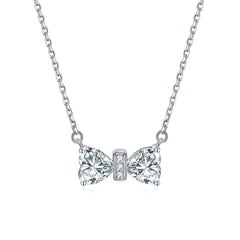 Double Heart Zircon Bow Pendant Silver Necklace for Women