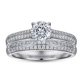 Round Zircon Four Prongs Cathedral Silver Ring Set