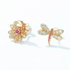 Pink and White Zircon Dragonfly Flower Asymmetric Sterling Silver Stud Earrings