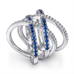 Double X-shape with Blue Zircon Silver Ring for Women