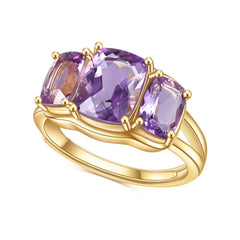 Adjustable Opening Design Inlaid Natural Amethyst Rectangle Three Stones Plated 14k Gold Silver Ring for Women