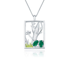 Natural Style Colourful Gemstone Rectangle with Forest Pendant Silver Necklace for Women