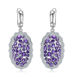 Natural Amethyst Oval Silver Drop Earrings for Women