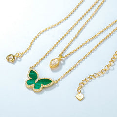 Marquise Shape Zircon Malachite Butterfly Double Layer Sterling Silver Necklace