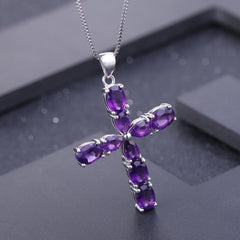 Europen Style Inlaid Natural Amethyst Cross Pendant Silver Necklace for Women