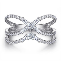 Two Layer Zircon X-shaped Modern Split Shank Silver Ring