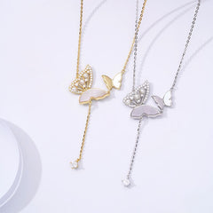 Zircon and Pearl Double Butterflies Tassel Silver Necklace