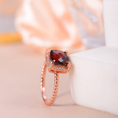 Soleste Halo Square Natural Red Garnet Silver Ring