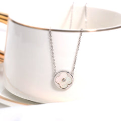 Circle Mother of Pearl Four Leaf Clover Silver Necklace
