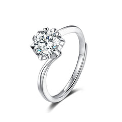 Round Zircon Flower Solitaire Silver Ring