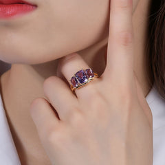 Adjustable Opening Design Inlaid Natural Amethyst Rectangle Three Stones Plated 14k Gold Silver Ring for Women