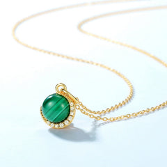 Round Malachite Zircon Crescent Moon Sterling Silver Pendant