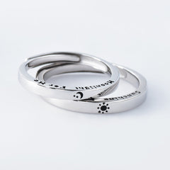 Letters with Sun and Moon Pattern Silver Couple Ring for Women