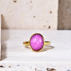 Luxury Six Ray Star Gold Colour Inlaid Red and Sapphire Oval Shape Jewelry Silver Ring for Women