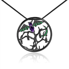 Dark Retro Design Inlaid Green Agate with Natural Gemstone Bat Pendant Silver Necklace for Women