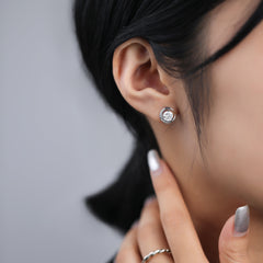 Round Zircon Crescent Moon Sterling Silver Stud Earrings