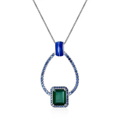 European Antique Style Jewelry Design Inlaid Natural Colourful Gemstone Rectangle Pendant Silver Necklace for Women
