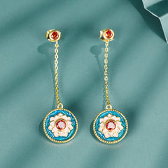 Long Tassel Lotus Round Disc Pendant Red Zircon Sterling Silver Drop Earrings