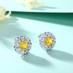 Yellow Zircon Soleste Halo Flower Shaped Silver Studs Earrings for Women