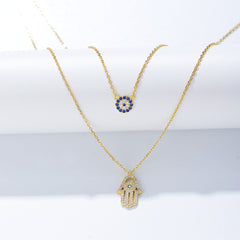 Devil's Eye Hamsa Palm with Zircon Double Silver Necklace for Women