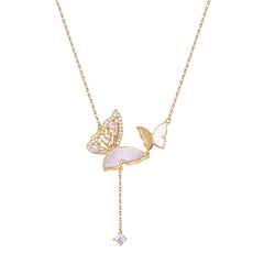 Zircon and Pearl Double Butterflies Tassel Silver Necklace