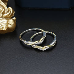 Round Zircon Solitaire with Interweave V Shape Three-in-one Silver Ring Set